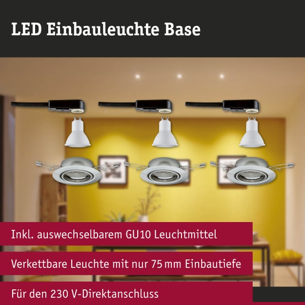 Set aus drei LED-Einbauleuchten Base inklusive austauschbaren GU10 Leuchtmitteln, verkettbar, 75 Millimeter Einbautiefe, 230 Volt Direktanschluss.