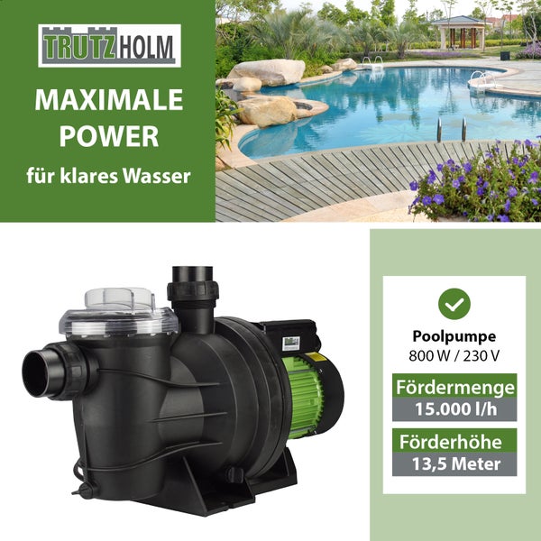 Trutzholm Poolpumpe mit 800 Watt Leistung, 15000 Liter pro Stunde Fördermenge und 13,5 Meter Förderhöhe für sauberes Poolwasser.