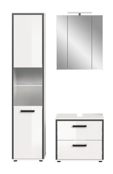 Badezimmermöbel-Set 3-teilig: Hochschrank, Spiegelschrank und Waschbeckenunterschrank in Weiß Hochglanz und Anthrazit mit schwarzen Griffen.
