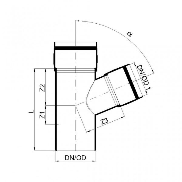 Technische Zeichnung eines Abzweigs für Rohre mit Maßangaben für Länge, Winkel und Durchmesser.