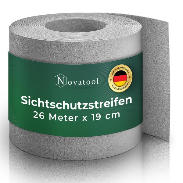 Novatool PREMIUM PP 26m Rolle Sichtschutzstreifen für Doppelstabmattenzaun Fenster Grau für 10 Reihen, 1,1 mm extra stabil UV-Beständigkeit Metallzaun Sichtschutzstreifen Zaunelemente Sichtschutz Zaun