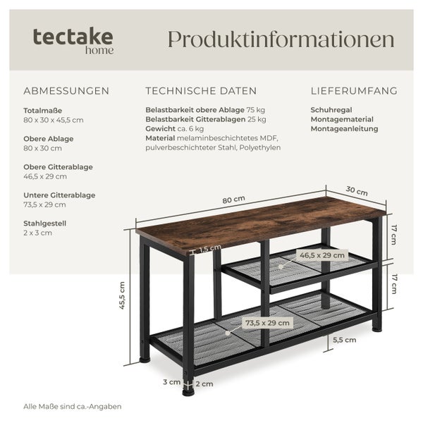 Produktinformationen Schuhregal von tectake home mit Abmessungen und technischen Daten