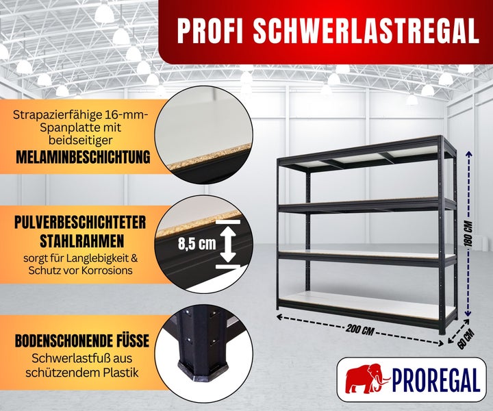 Schwerlastregal Proregal, Stahl, 16 Millimeter Melamin-Spanplatte, 180 mal 200 mal 60 Zentimeter, Kunststofffüße. Proregal Logo.