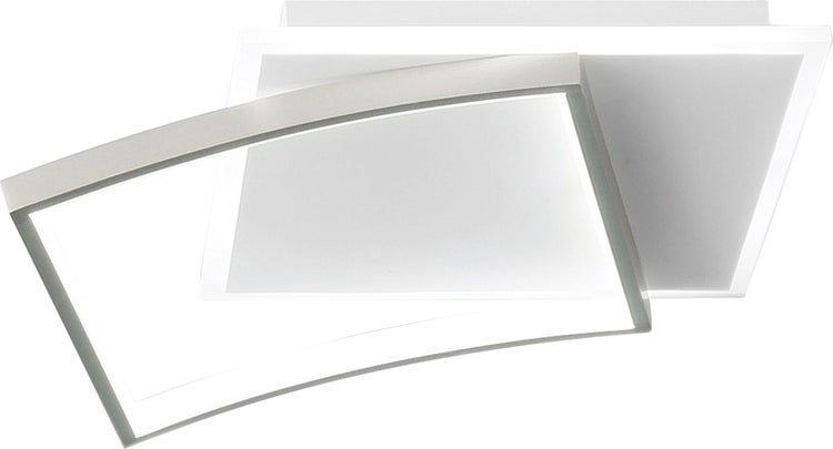 LED-Deckenleuchte mit zwei überlappenden rechteckigen Rahmen aus Metall.