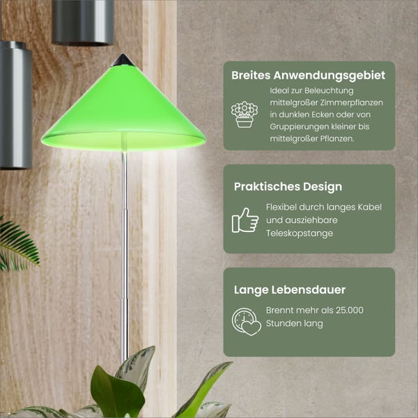 Parus by Venso SUNLiTE 7W LED Vollspektrum Pflanzenlampe Grün, Indoor Plants Pflanzen Beleuchtung, mit ausziehbarem Teleskopstab, Parus Pflanzenlampe für kleine und mittelgroße Zimmerpflanzen