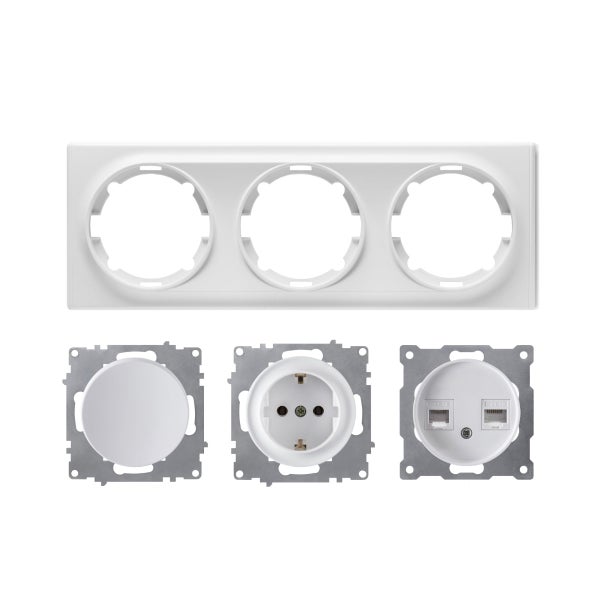 Dreifachrahmen fuer Unterputzmontage mit Steckdoseneinsatz und Datendose.