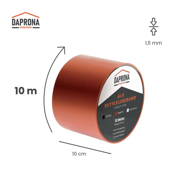 Daprona Logo. Daprona Alu Butylklebeband in Ziegelrot, 10 Meter lang, 10 Zentimeter breit, 1,5 Millimeter stark.