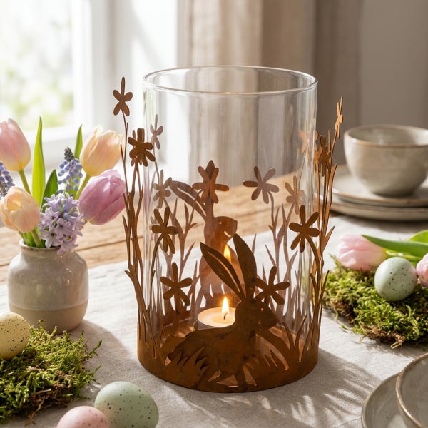 Osterwindlicht aus Glas mit Metallhülle im Hasen und Blumendesign als Tischdekoration