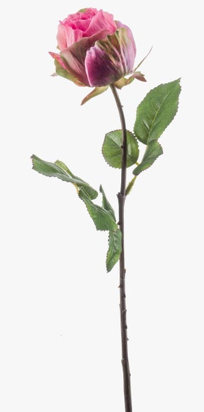 Künstliche Rose mit Stiel und Blättern in Rosa.