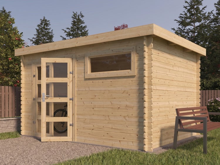 Modernes Gartenhaus aus Holz mit Flachdach, einer verglasten Doppeltür und einem feststehenden Fenster in einem Garten.