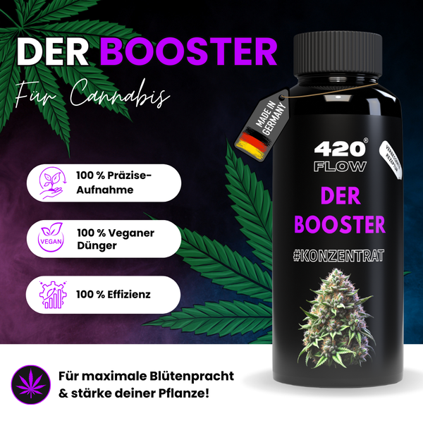 420 Flow Cannabis Booster Konzentrat, veganer Pflanzendünger für präzise Nährstoffaufnahme und Pflanzenstärke, hergestellt in Deutschland.