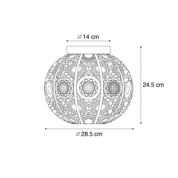 Skizze einer Ornamentlampe mit den Maßen 14 cm Durchmesser oben, 24,5 cm Höhe und 28,5 cm Durchmesser unten