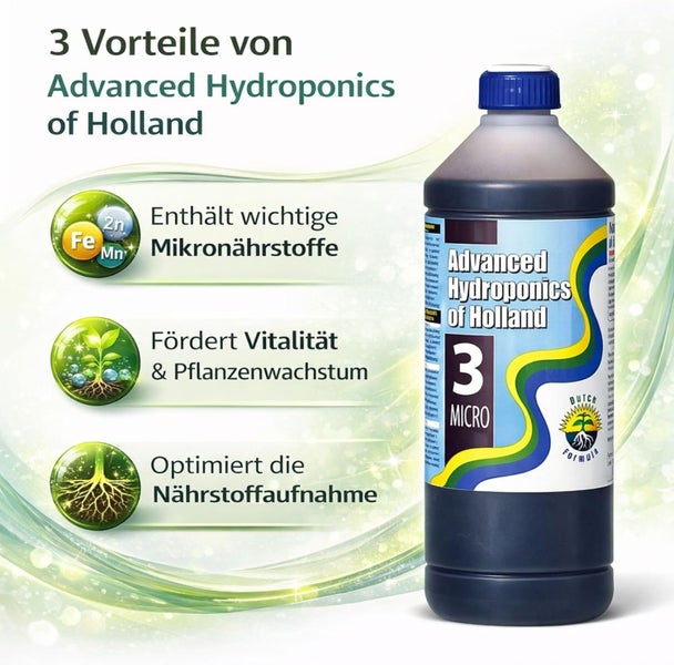 Advanced Hydroponics of Holland Dutch Formula 3 Micro Flasche mit Vorteilen: Mikronährstoffe, Vitalität, Pflanzenwachstum und Nährstoffaufnahme.