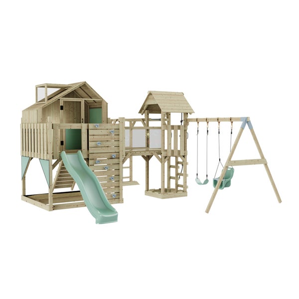 Spielplatz mit Spielhaus, Rutsche und Schaukel aus Holz