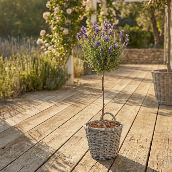 Lavendel-Stämmchen im Flechtkorb auf einer Holzterrasse im sonnigen Garten.