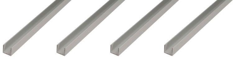 Vier U-Profile aus Aluminium als Kantenschutz oder Führungsschiene