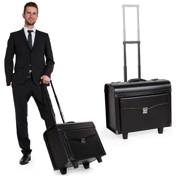 Schwarzer Business-Trolley mit Teleskopgriff und Rollen, dargestellt mit einer Person im Anzug zur Größenveranschaulichung.