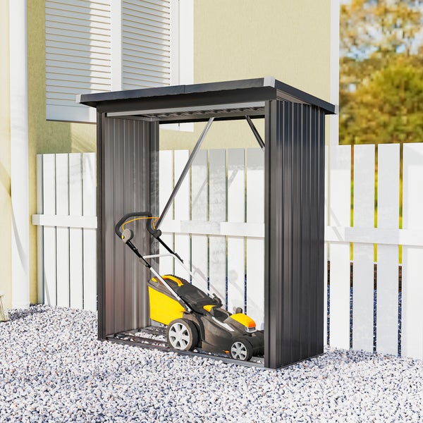 Gartengeräteschrank aus Metall mit Rasenmäher