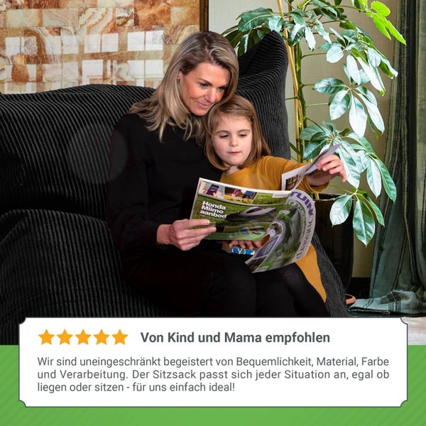 Green Bean XXL Sitzsack aus Cordstoff 370 Liter EPS-Perlen Füllung - Kuschelig Weich Robust & Waschbarem-Stoff Bodenkissen Liegekissen Sitzkissen - Samt Schwarz