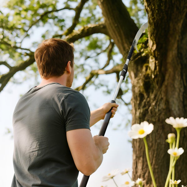Mann benutzt eine Astsäge mit Teleskopstiel an einem Baum.