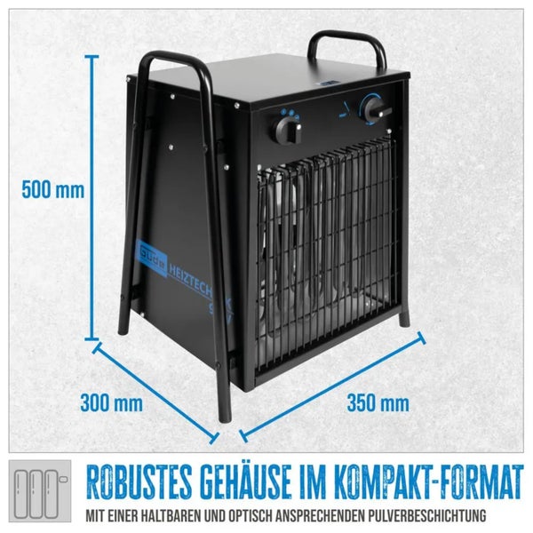 Elektrische Heizung mit den Massen 500 mm Höhe, 300 mm Breite und 350 mm Tiefe.