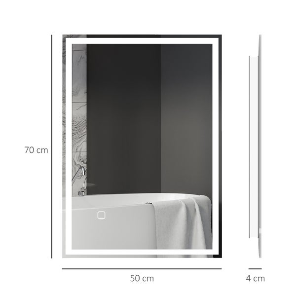 HOMCOM Badspiegel, Badezimmerspiegel mit LED-Leuchte, 70 x 50 cm Wandspiegel beschlagfreier Lichtspiegel mit Touchschalter, IP44