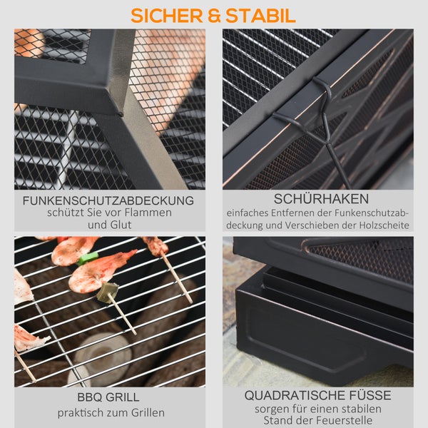 Outsunny Feuerschale mit Funkenschutz, mit Grillrost, Schürhaken, 2-in-1 BBQ Grill, für Garten, Balkon, 66 x 66 x 66 cm, Metall, Schwarz