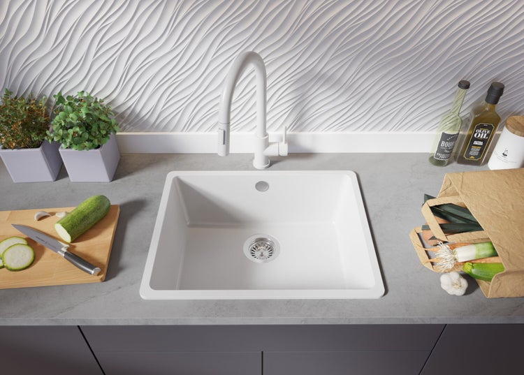 PRIMAGRAN Spülbecken Weiß 56x44cm, Granitspüle 1 Becken + Ablauf-Set, Küchenspüle ab 60er Unterschrank - Venedig Slim Easy