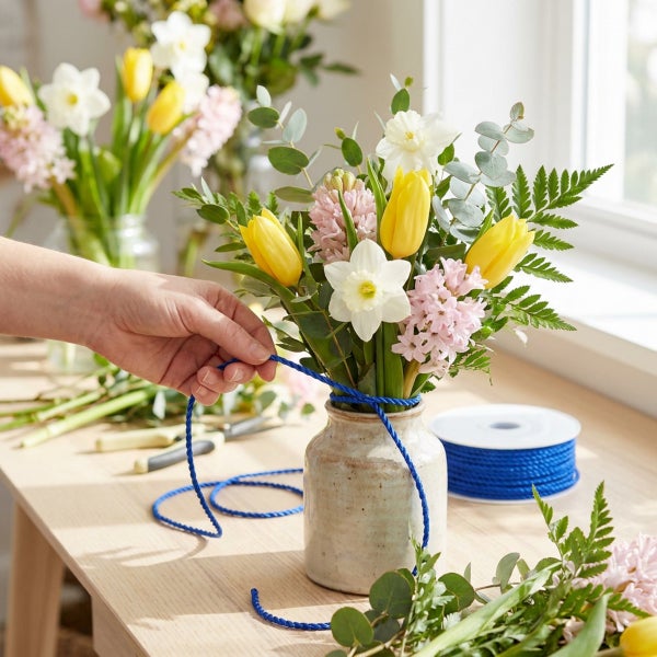 Eine Hand bindet einen Blumenstrauß aus gelben Tulpen, weißen Narzissen und rosa Hyazinthen mit einer Schnur in einer hellen Keramikvase.