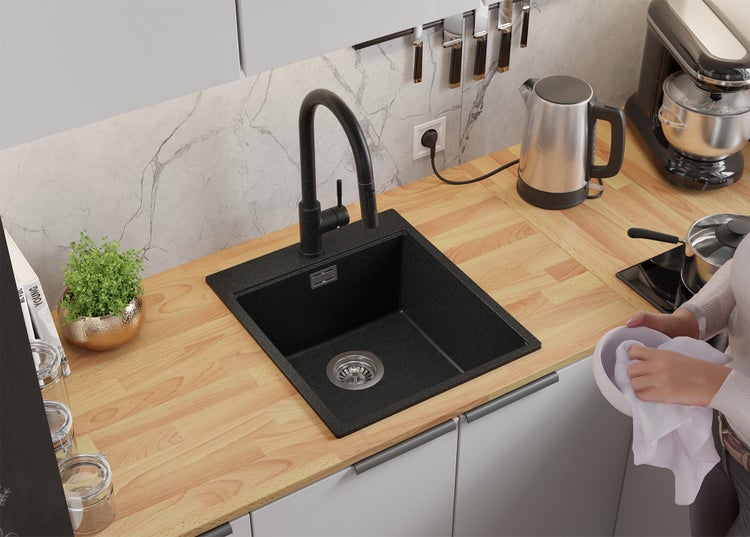 PRIMAGRAN Granitspüle Anthrazit 43x50cm, Spülbecken 1 Becken + Küchenarmatur 40x20cm + Ablauf-Set + Aufrollbare Abtropffläche, Küchenspüle ab 45er Unterschrank - Oslo