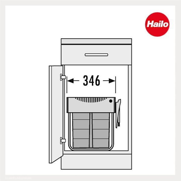 Technische Zeichnung eines Hailo Einbaumülleimers im Schrank mit Maßangabe 346 Millimeter. Hailo Logo.