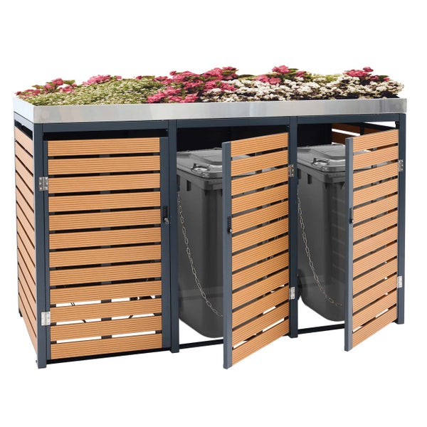 Mülltonnenbox mit Bepflanzung auf dem Dach und Lamellentüren