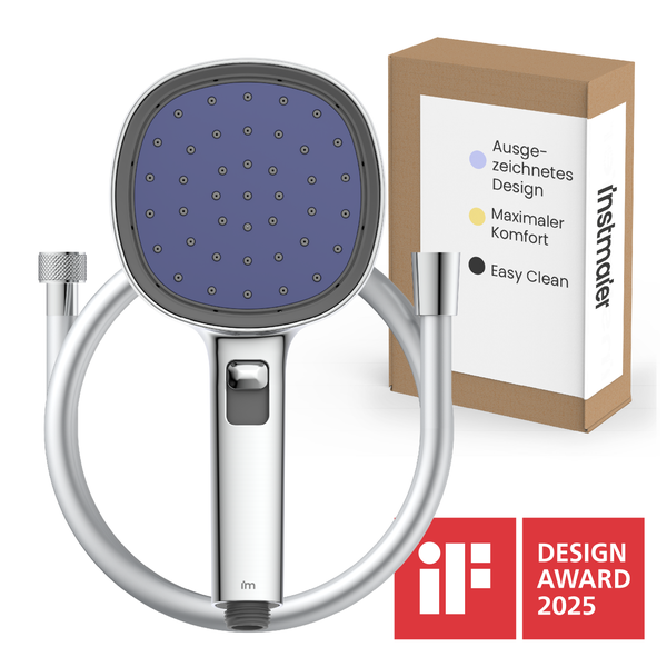 Instmaier Handbrause mit quadratischem Brausekopf und Duschschlauch inklusive Produktverpackung und IF Design Award 2025 Siegel
