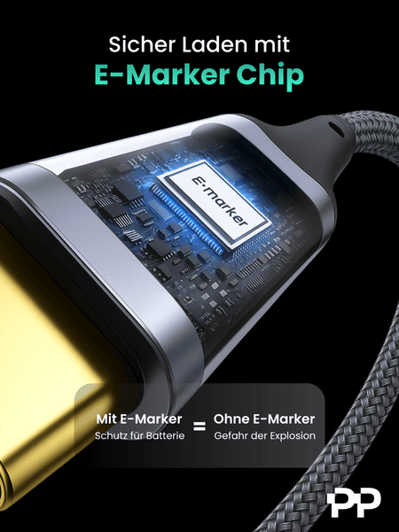 ProfiPatch USB C Kabel 100W PD 3.0 5A E-Mark Chip 3m grau Goldkontakt Textil
