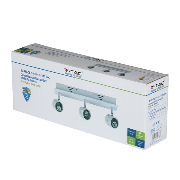 Verpackung einer V-TAC Deckenleuchte mit drei Strahlern für GU10 Leuchtmittel