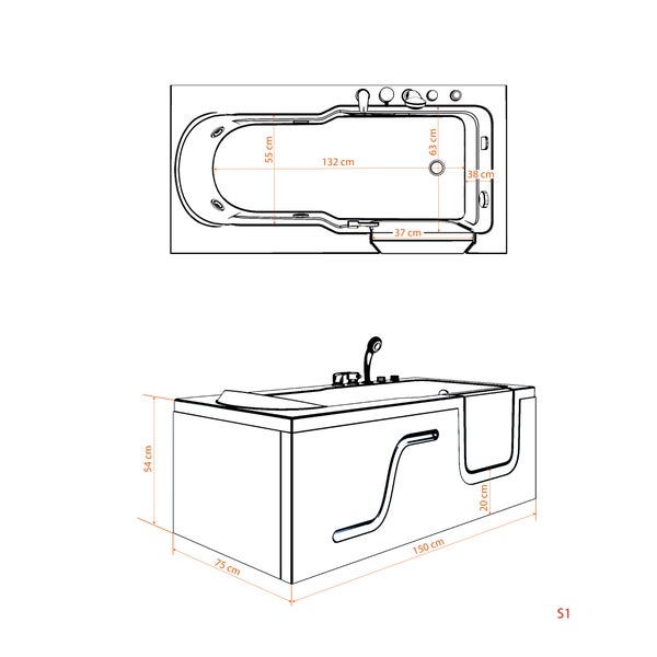 Technische Zeichnung einer Badewanne mit Tür und Maßangaben