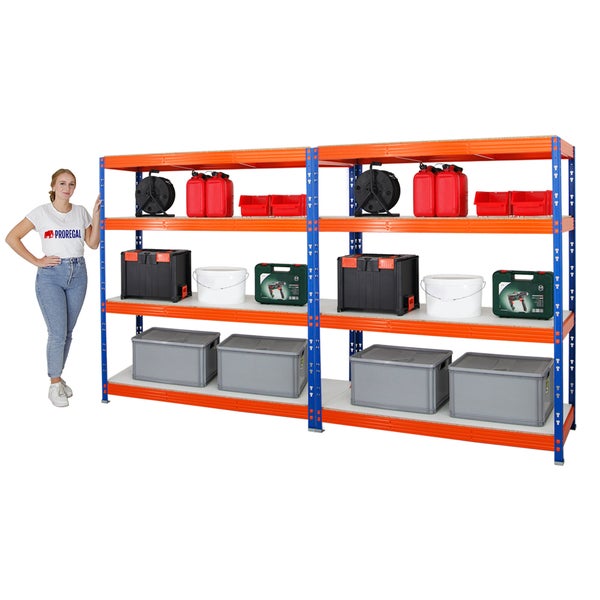 PROREGAL Mega Deal 2x Profi Schwerlastregal Rhino HxBxT 180 x 160 x 60 cm 4 Melamin-Ebenen 16mm Fachlast 500 kg Blau-Orange