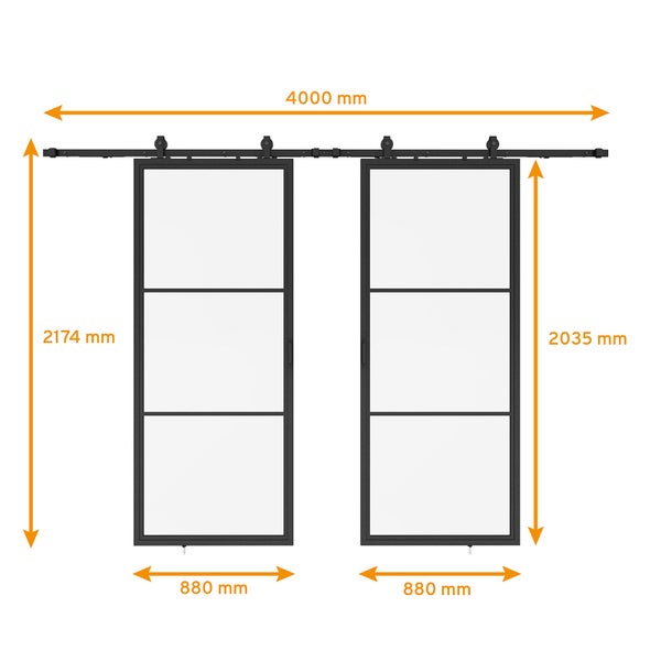 Loftschiebetür Doppelflügelig 1760x2035mm Klarglas Stahl in schwarz, Komplettset