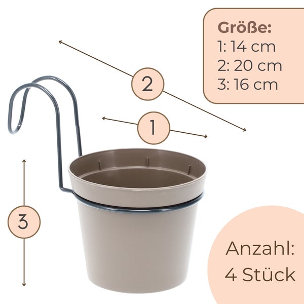 Balkonkasten zum Einhängen, Set mit vier Stück, Größenangaben: 14 cm, 20 cm und 16 cm