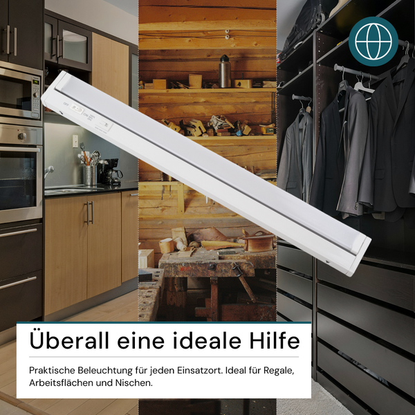 Weiße LED-Leiste in Küche, Werkstatt und Kleiderschrank als Beispiel für die vielseitige Beleuchtung von Regalen, Arbeitsflächen und Nischen.