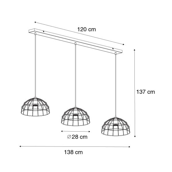 Abbildung einer Pendelleuchte mit drei Leuchten und Größenangaben