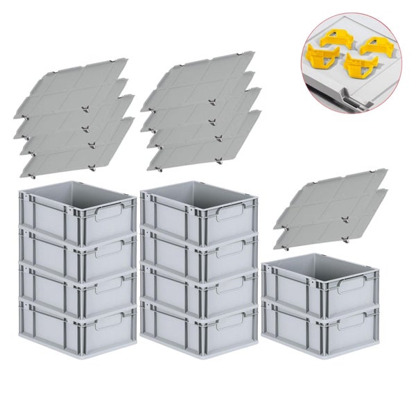 PROREGAL Spar Set 10x Eurobox Nextgen Economy Mit Auflagedeckel & 4x Schiebeschnappverschlüsse Gelb Griffe Geschlossen HxBxT 17 x 30 x 40 cm 16 Liter
