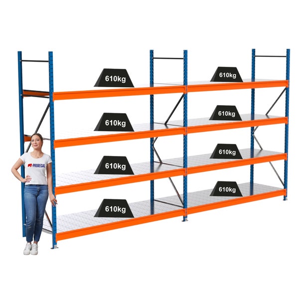 Lagerregal mit mehreren Ebenen und einer Traglast von 610 Kilogramm pro Ebene