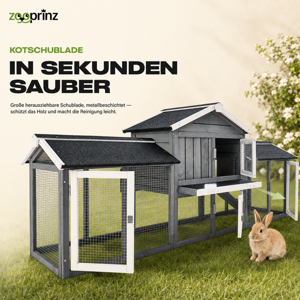 Zooprinz Kleintierstall aus Holz mit ausziehbarer, metallbeschichteter Kotwanne für einfache Reinigung, Kaninchenstall mit Freilaufgehege.