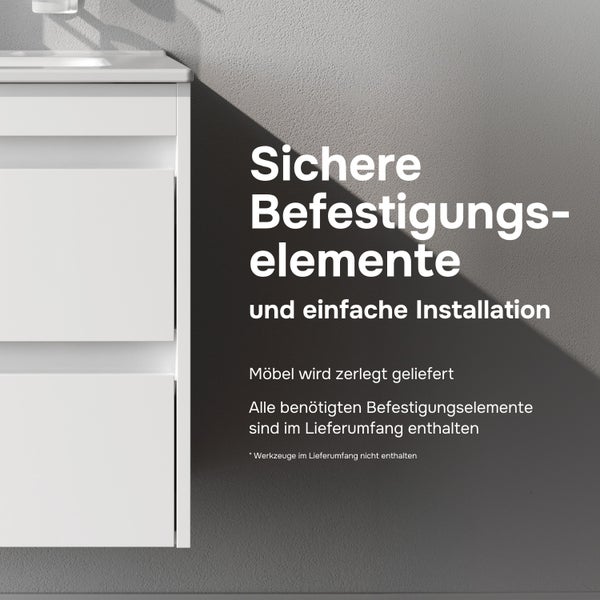Information zur Montage von Badezimmermöbeln inklusive Befestigungsmaterial und Hinweis zur Selbstmontage.