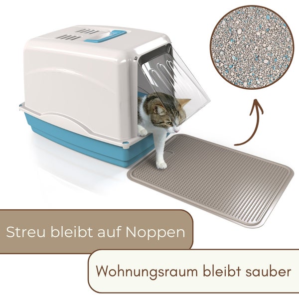 Geschlossene Katzentoilette mit Haube, Schwingtür und Noppenmatte zum Auffangen von Katzenstreu für einen sauberen Boden.