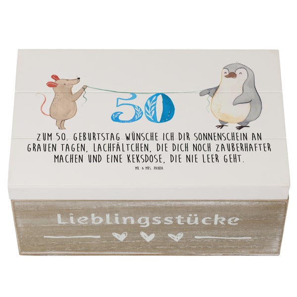 Mr. & Mrs. Panda 19 x 12 cm Holzkiste 50. Geburtstag Maus Pinguin - Weiß