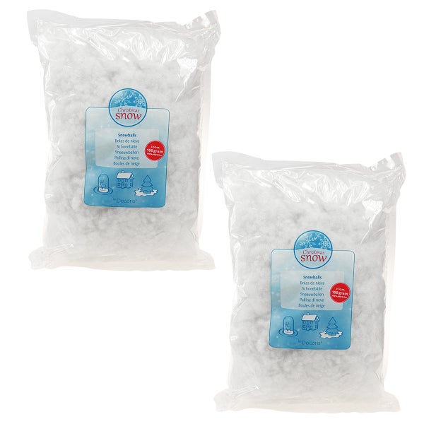 Zwei Beutel Kunstschnee-Schneebälle aus Polyester, jeweils 100 Gramm, für Weihnachtsdekorationen.