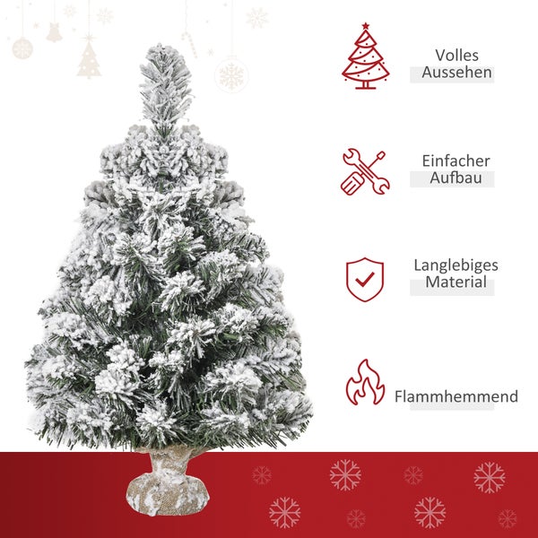 Kleiner künstlicher Weihnachtsbaum mit Schneeeffekt und Jutefuß. Merkmale: volles Aussehen, einfacher Aufbau, langlebiges Material, flammhemmend.