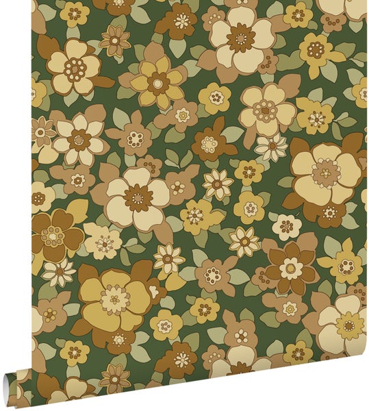 ESTAhome Tapete Retro Blumen Dunkelgrün und Gelb - 50 x 900 cm - 131528